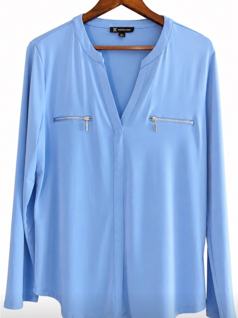 INC International Concepts Sky Blue Long-Sleeve Zip-Pocket Blouse